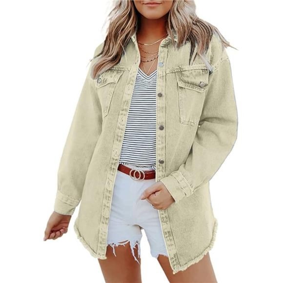 WOMEN'S Oversized Denim Jacket Casual Long B2 Apricot
